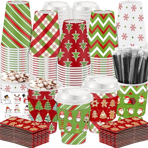 Boao 100 Sets Christmas Paper Coffee Cups with Sleeve and Plastic Lid Stir Straw 12 oz Disposable Hot Chocolate Cocoa Cups...
