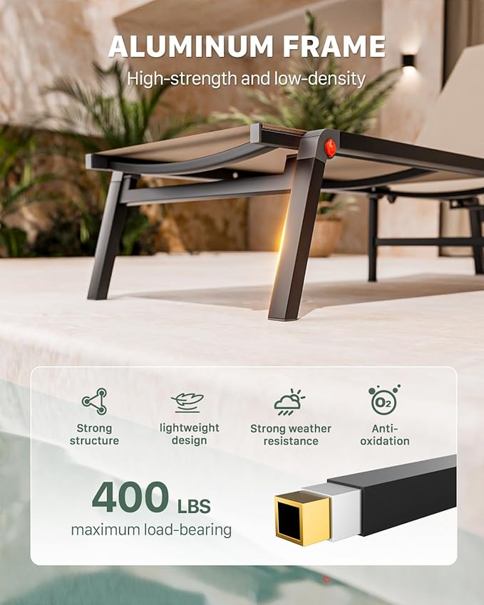 Aluminum Chaise Foldable Patio Lounge Chair Outdoor, Metal Deck Lounger Adjustable 5-Position Recliner Pool Chase Breathable Full Flat Outside Sun Tanning Chairs for Beach/Poolside/Lawn(Khaki, 1 Pack)