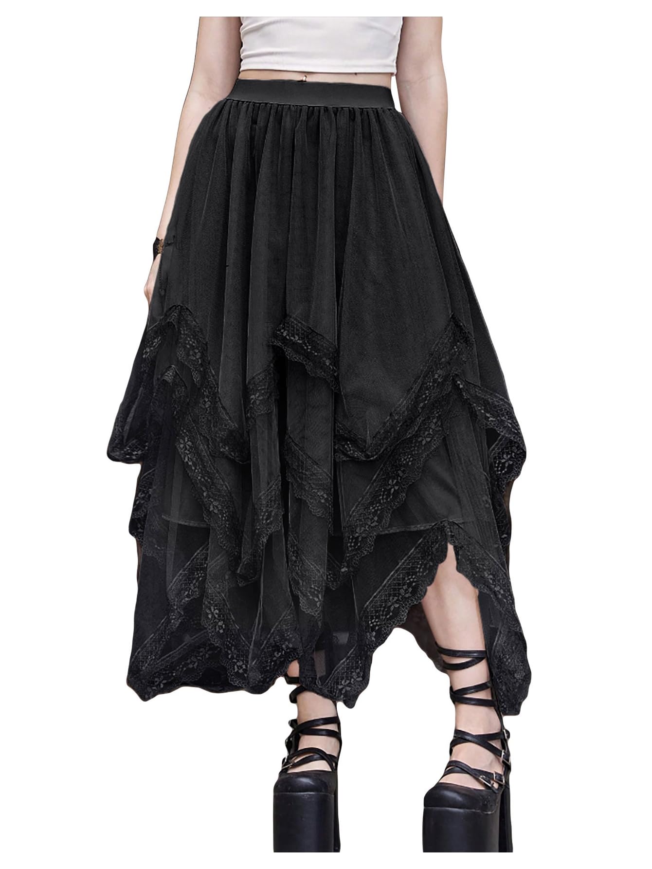 SHENHE Women's Lace Trim Layered Mesh Tulle Skirt High Waist Asymmetrical Long Goth Skirt Black S