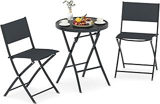 Tangkula 3 Piece Folding Bistro Set, Patio Dining Furniture with Breathable Fabric Seat & Tempered Glass Tabletop, Outdoor...