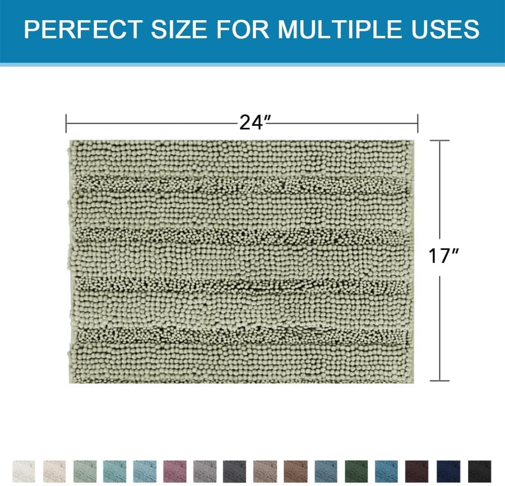H.VERSAILTEX Bath Mats for Bathroom Non Slip Thick Chenille Striped Bath Rug Absorbent Fluffy Soft Shaggy Rugs Washable Dry Fast Plush Mats for Indoor, Bath Room, Tub - 17" x 24", Eucalyptus Green