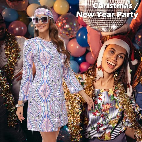 MRYUWB 70s Women Disco Dress Hippie Costumes Necklace Earrings Glasses, 60's 70's Birthday Outfits, 1970s Prom Bling Dress