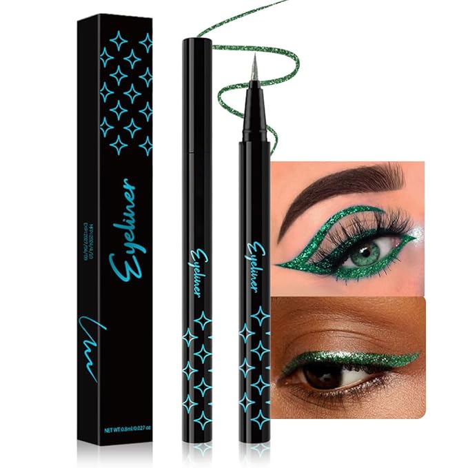 evpct 1Pcs Emerald Dark Green Glitter Shimmer Liquid Eyeliner Eye Shadow Makeup Pencil, Green Face Body Glitter Fake Eyela...