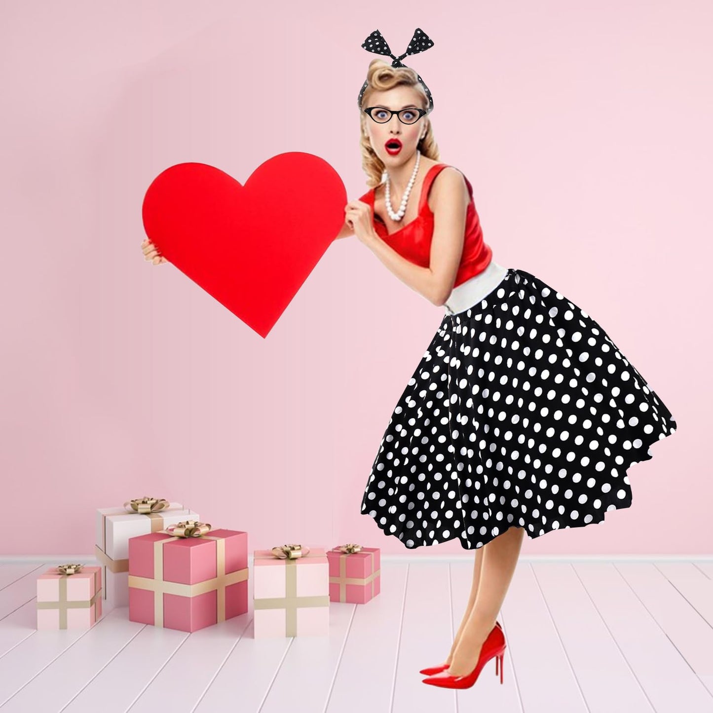 Ibeauti 50s Costumes for Women Girls 1950s Poodle Skirt Outfits Set with Cat Eye Glasses Chiffon Scarf Bandana Tie Headband Earrings Socks (Large, Black)