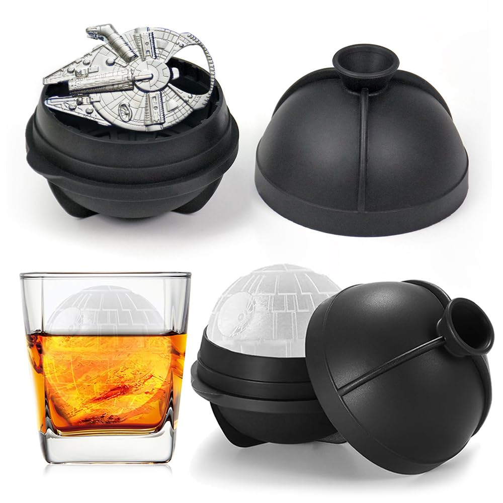 NICITY 2 Packs Death Star Ice Cube Mold with Millennium Falcon Bottle Opener，3D Star War Ice Cube Mold for Whiskey, Bourbon, Cocktails.Funny Star Wars Gifts for Men Women Him Dad