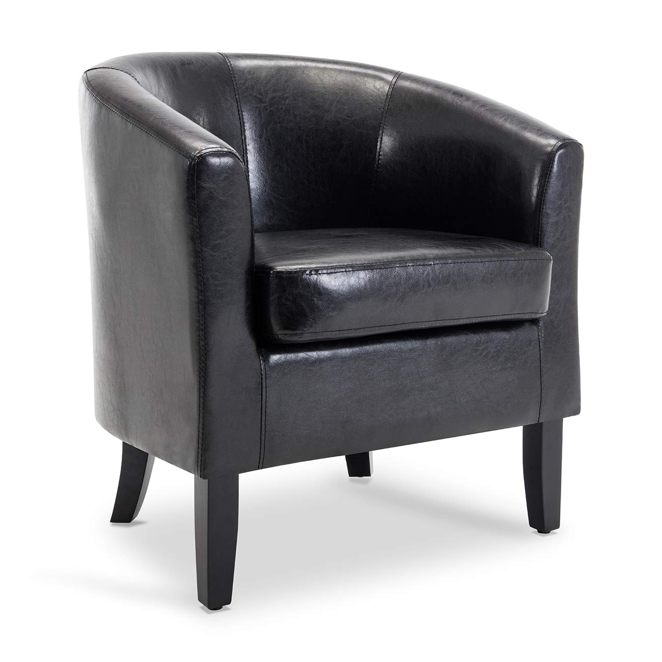BELLEZE Living Room Chair, Faux Leather Round Accent Barrel Chair, Club Tub Sofa Chair for Bedroom, Corner Chair with Flared Legs and Cozy Soft Padding - Highland (Black)