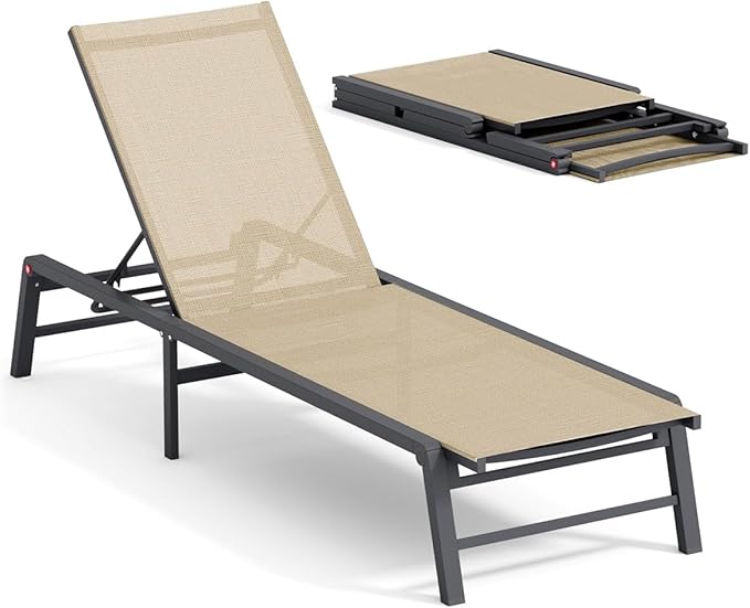 FHVIT Chaise Lounge Chair Outdoor Aluminum Patio Lounge Chair with 5 Adjustable Positions Folding Pool Lounge Chairs Assemble-Free Beach Lounge Chair for Patio, Pool, Indoor and Outdoor Flaxen
