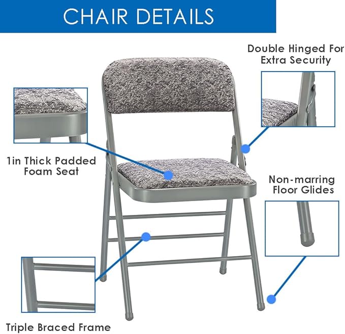EZONE (4pcs Fabric Folding Chairs with Padded Cushion Backrest Metal Steel Foldable Chair Portable Lightweight Foam Padded Fold Chair (4, Fabric - White)