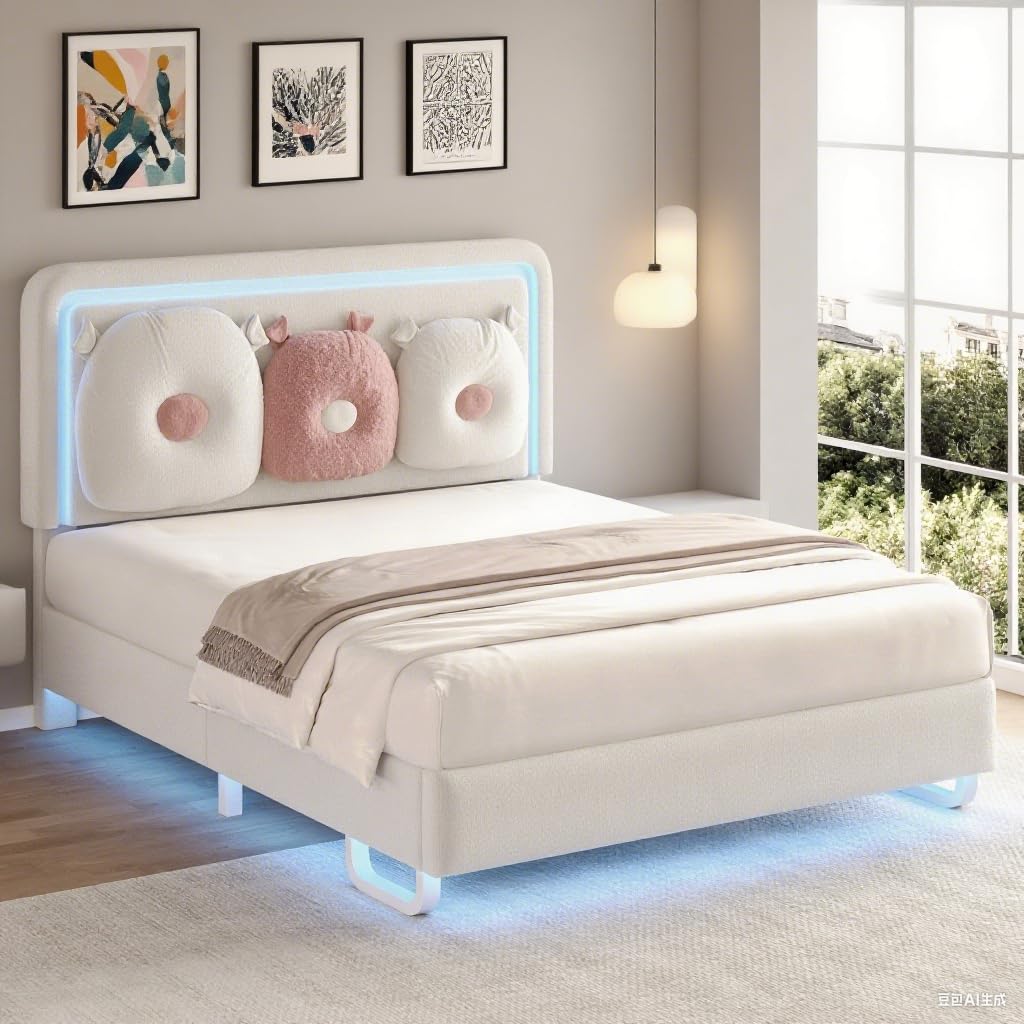 Full Bed Frame with Boucle Upholstered Headboard, Girls Bed, Solid Wood Slats Support, Fully Upholstered Mattress Foundation/No Box Spring Needed/Easy Assembly, White Full Size Bed Frame