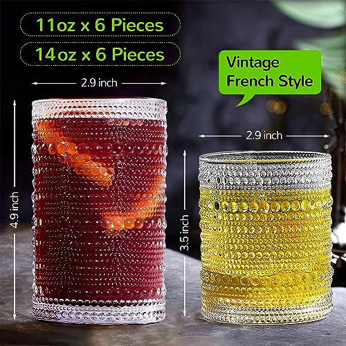 Lvtrupc Vintage Hobnail Drinking Glasses Set of 12-14 oz Old Fashioned Water Glass Cups & 11 oz Cocktail Glasses, Aestheti...