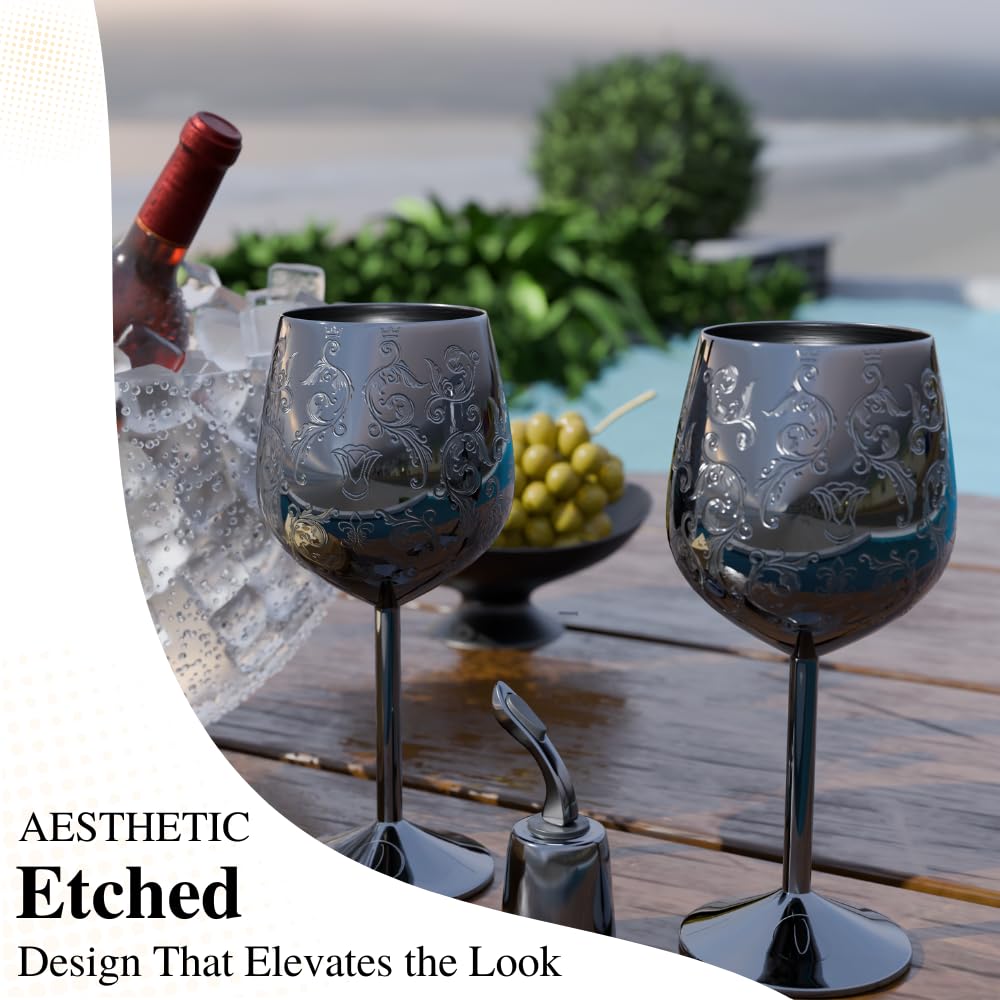 vaanshie 17oz Stainless Steel Wine Glasses [Set of 2] – Black Royal Goblets with Intricate Baroque Engravings, Unbreakable and Shatterproof Wine Cups with Bottle Stopper Ideal for Mother's Day Gift