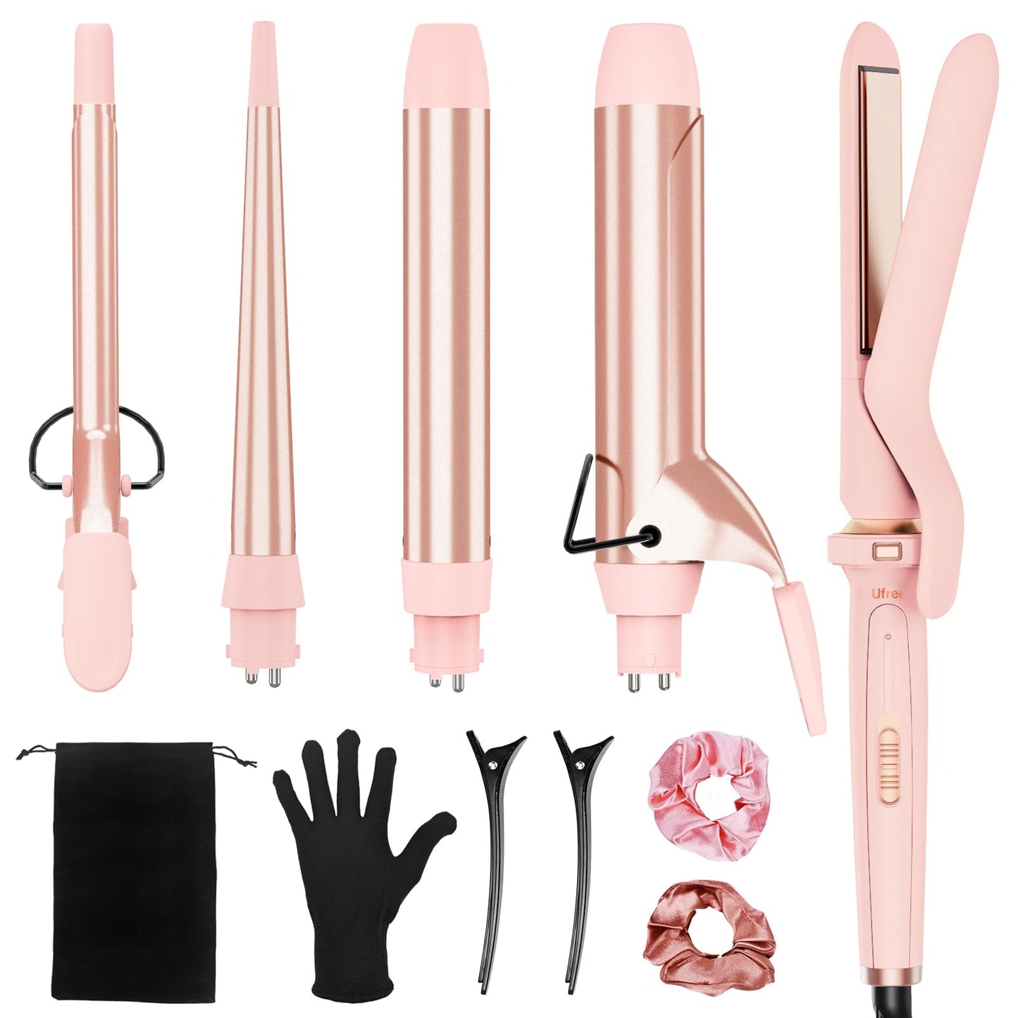 Ufree 5 in 1 Curling Iron with Ceramic Barrels (0.35-1.25), Curling Wand Set with Flat Iron Hair Straightener, Instant Heat Up,