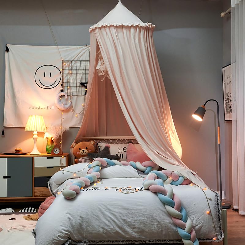 PlentiVive Princess Bed Canopy for Girls - 100% Cotton with Ruffles, Dreamy Pink Hanging Tent for Crib, Bed & Reading Noo...