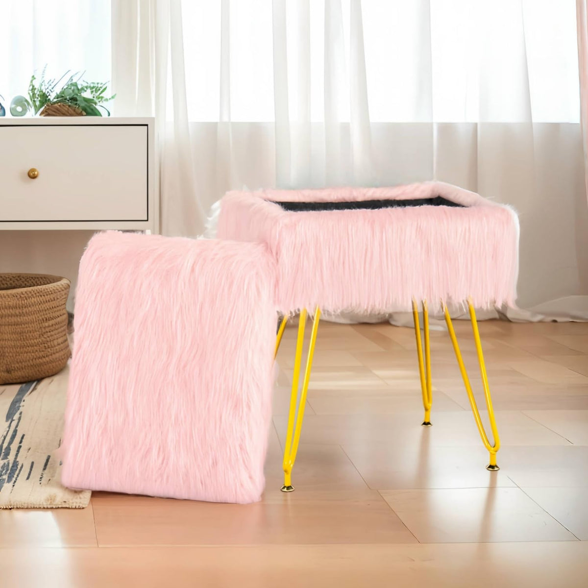 MOOWIND Vanity Stool Chair with Storage, Soft Ottoman Seat Vanity Stool with Anti-Slip Feet, Fluffy Padded Seat Multifunctional Footrest Side Table with 4 Metal Legs for Makeup, Bedroom, Pink