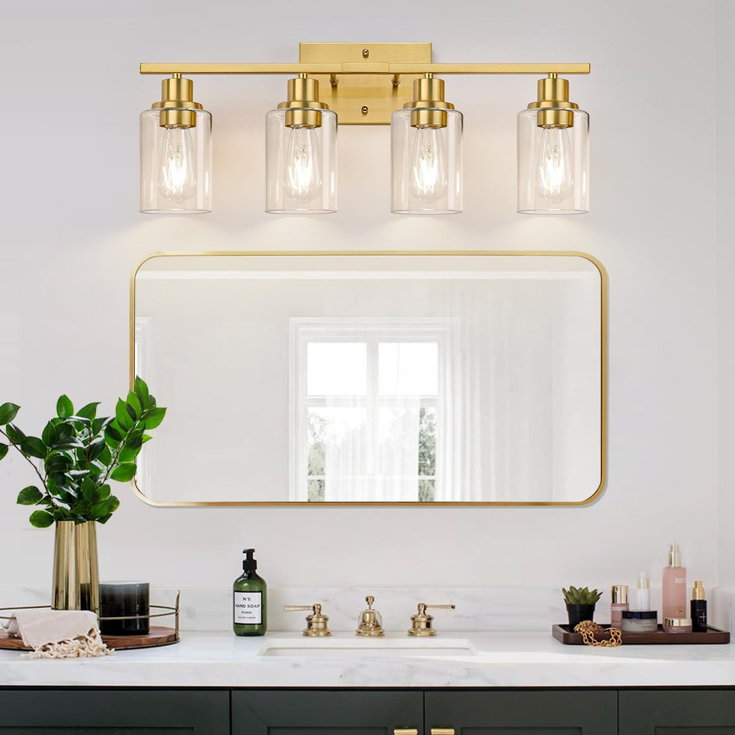 Indoi 4-Light Vanity Lights with Clear Glass Shades, Brushed Gold Bathroom Light Fixtures Over Mirror, Modern Bathroom Wall Lamp for Mirror Living Room Cabinet Bedroom Porch