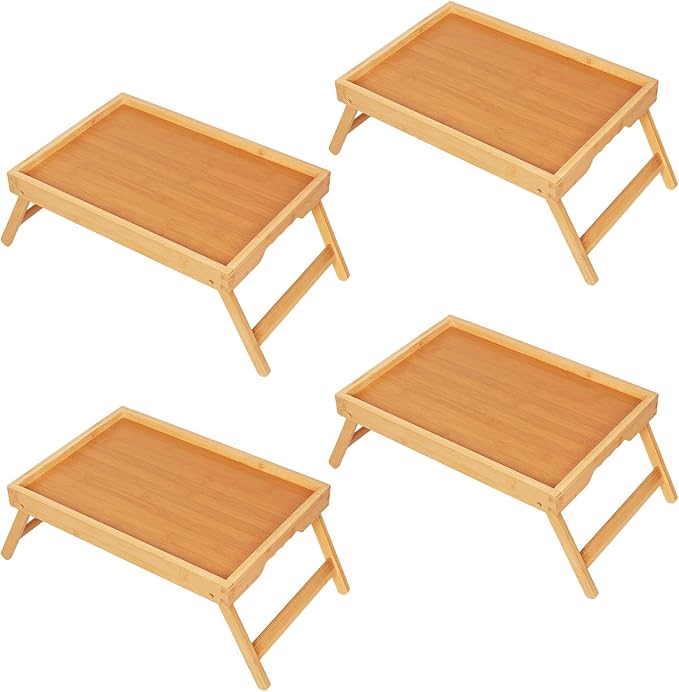 Youpehom Bed Tray Table with Folding Legs, Bamboo Breakfast in Bed for Kitchen Serving Tray, Sofa, Eating, Used As Laptop Desk Snack Tray (4 Pack, Bamboo Color)