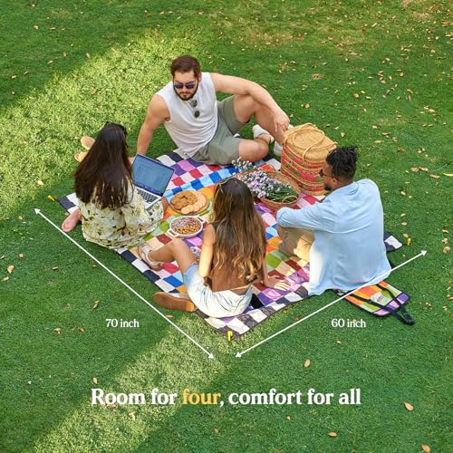 Cozy Club Waterproof Picnic Blanket Foldable Outdoor Mat with Pocket, Stakes & Shoulder Strap | Sandproof, Durable & Porta...