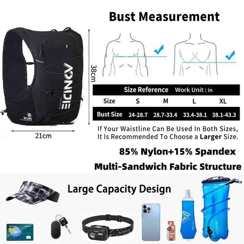 AONIJIE Running Hydration Vest Lightweight & Large Capacity Running Vest for Women Men, Hydration Backpack Fits 6.8" Phones (X-Large, Blackwhite)