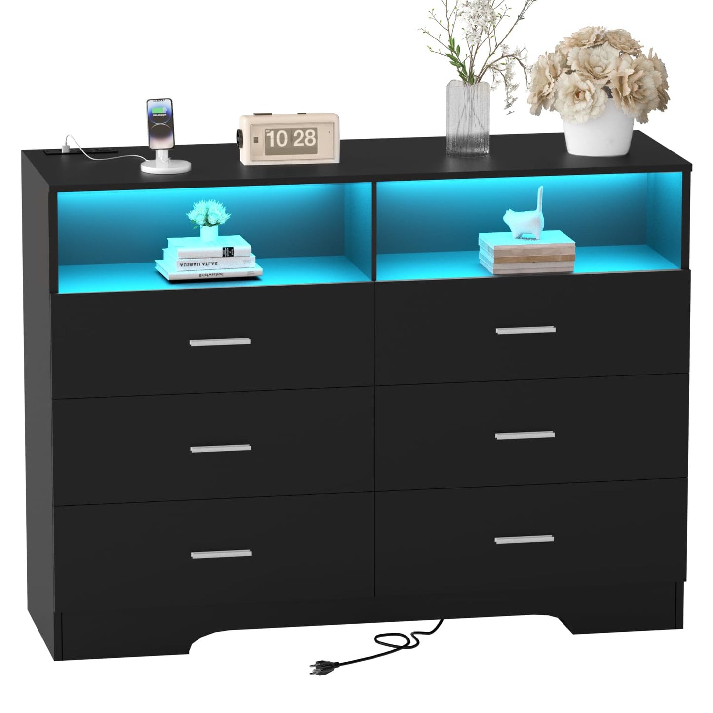 FJTJBSI Dresser with Power Outlets and LED Lights Wooden 6 Drawer Dresser with Large Organizer Tall Black Drawer for Bedroom Modern Chest of Drawers Closet for Living Room Kids Room