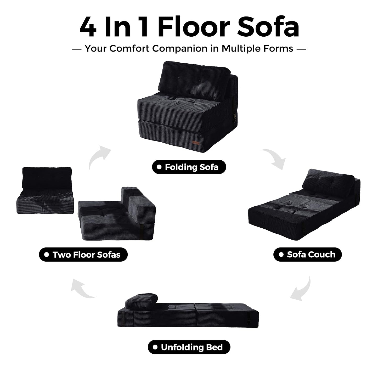 MAXYOYO Folding Sofa Bed, Convertible Sofa Bed with High-Density Support Foam, Portable 4 in 1 Fold Out Chair to Floor Lounger, Versatile Floor Couch for Living Room Bedroom, Black