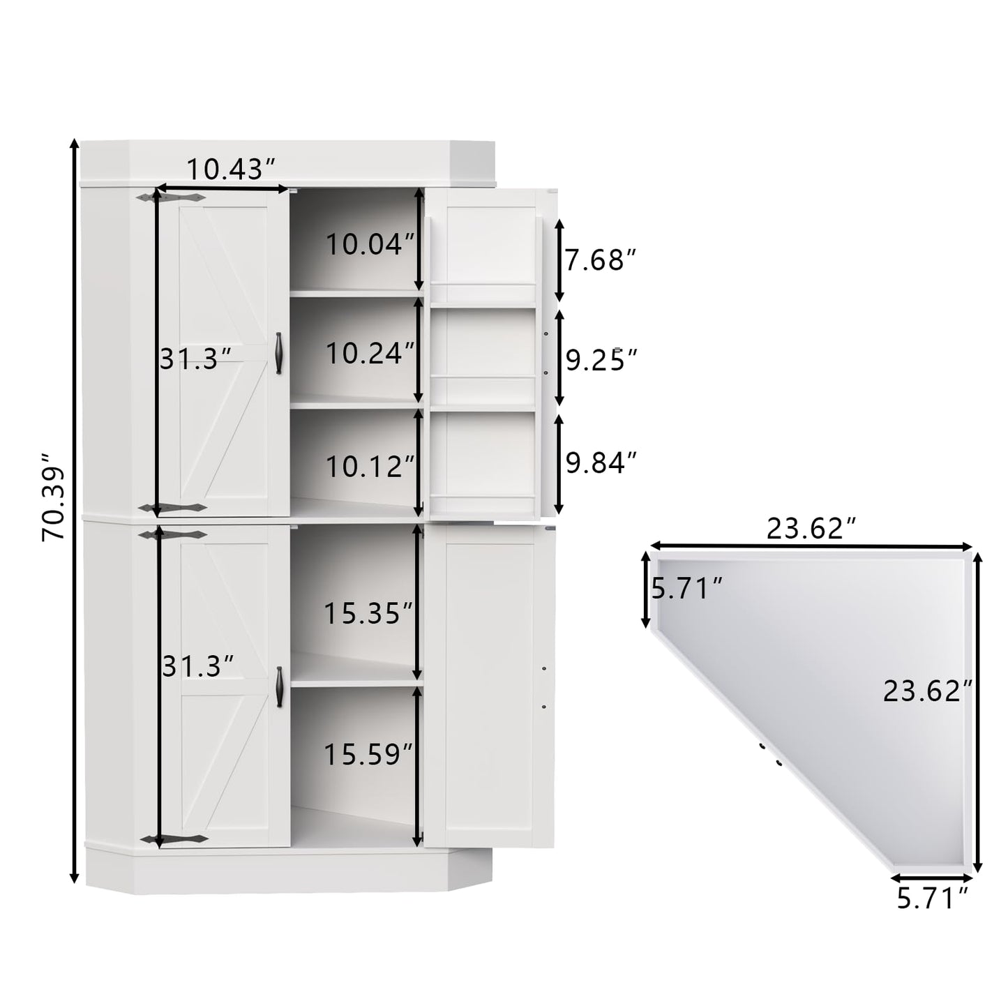 Gyfimoie Corner Cabinet,Kitchen Pantry Storage Cabinets,Freestanding Corner Pantry Cabinet with 4 Doors and Shelves,Tall Food Pantry Farmhouse Furniture with Side Rack for Kitchen Dining Room (White)