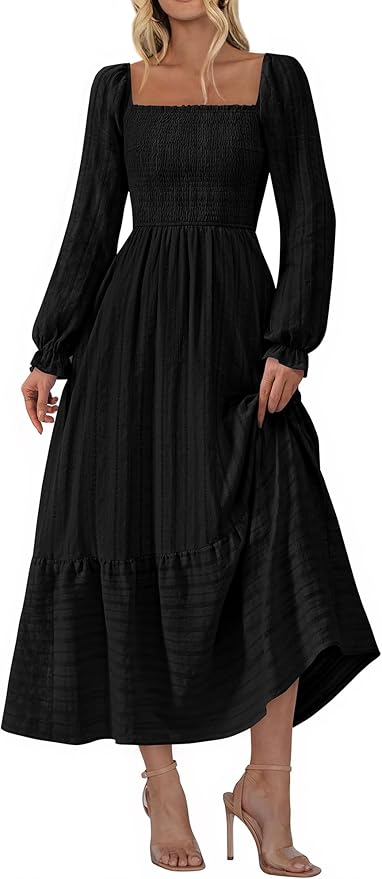 BTFBM Women Maxi Fall Dresses 2025 Long Sleeve Solid Color Square Neck Smocked Boho Long Wedding Guest Dress