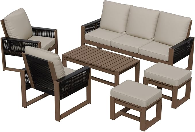 INTER HUT Rustic Hideaway Natural Cedar Wood Outdoor Furniture Set, Wicker Patio Conversation Set for Porch Garden Backyard, Couch, 2 Patio Chairs, Table and 2 Ottomans, 6 Piece, Brownish/Beige