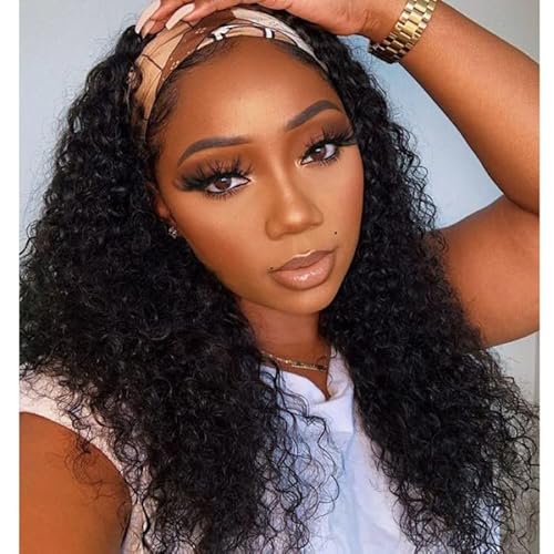 Rebasar Curly Headband Wig Human Hair Wigs for Black Women Human Hair 22 Inch Long No Lace Front Wigs Human Hair Glueless Deep Wave Headband Wigs Natural Black Color Half Wig with Headband