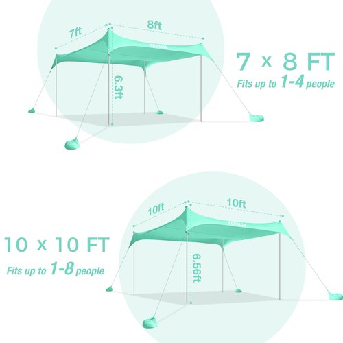ADesign Windproof Beach Tent Sun Shelter with 8 Sandbags, Large Family Sun Shade with Sand Shovel, UPF50+, 6.3 FT Tall, Outdoor Easy Setup Beach Canopy for Vacation, Camping, Picnics