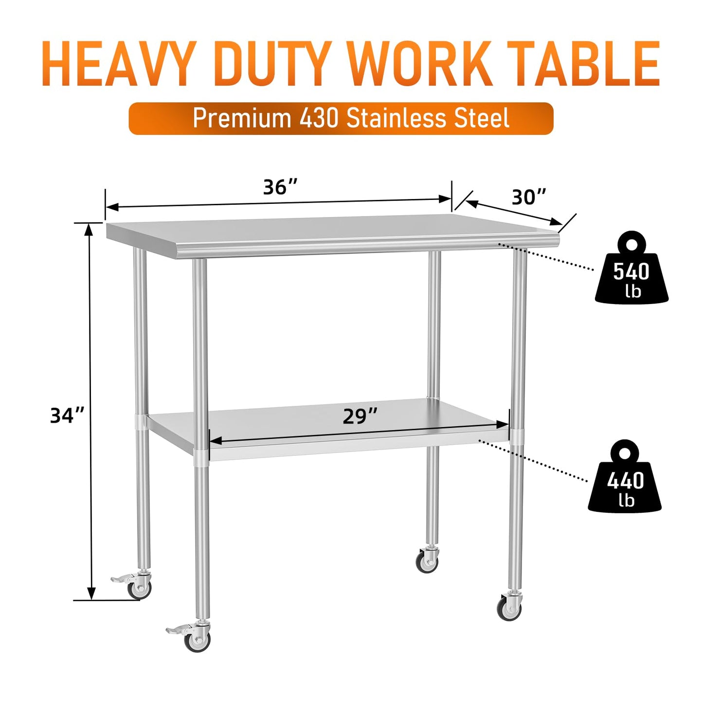 HOCCOT Stainless Steel Table with Wheels 30" x 36" Utility Worktable with Adjustable Undershelf for Commercial Kitchen, Garage, Restaurant