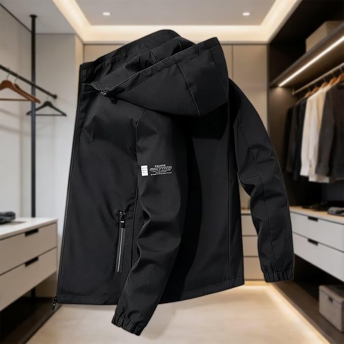 Men’s Hooded Coat featuring Zipper Pockets, Casual Sport Style, Polyester Lining, Suitable for Spring & Fall Casual Use