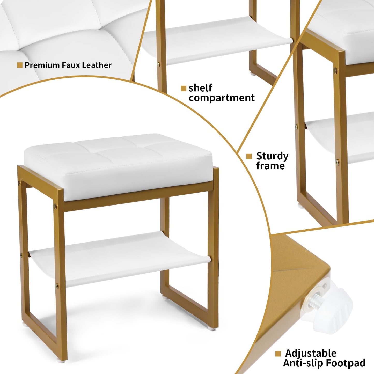 FrexCheng Vanity Stool, Faux Leather Vanity Chair Stool for Dressing Table, Modern Gold Metal Footstool Ottoman for Bedroom & Living Room, White & Gold