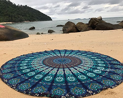 raajsee Turquoise Round Beach Tapestry Hippie/Boho Beach Blanket Mandala/Indian Cotton Throw - Round Tablecloth/Home Deco...