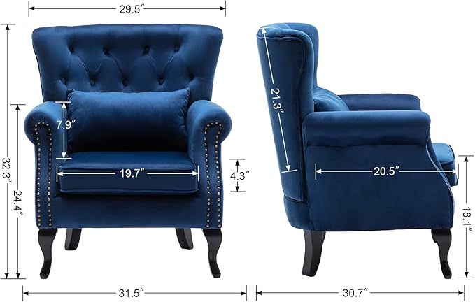 chairus Mid-Century Modern Accent Chairs Set of 2 Comfy Tufted Single Sofa Chair Wingback Armchair with Pillow for Club, Living Room, Bedroom - Velvet, Blue