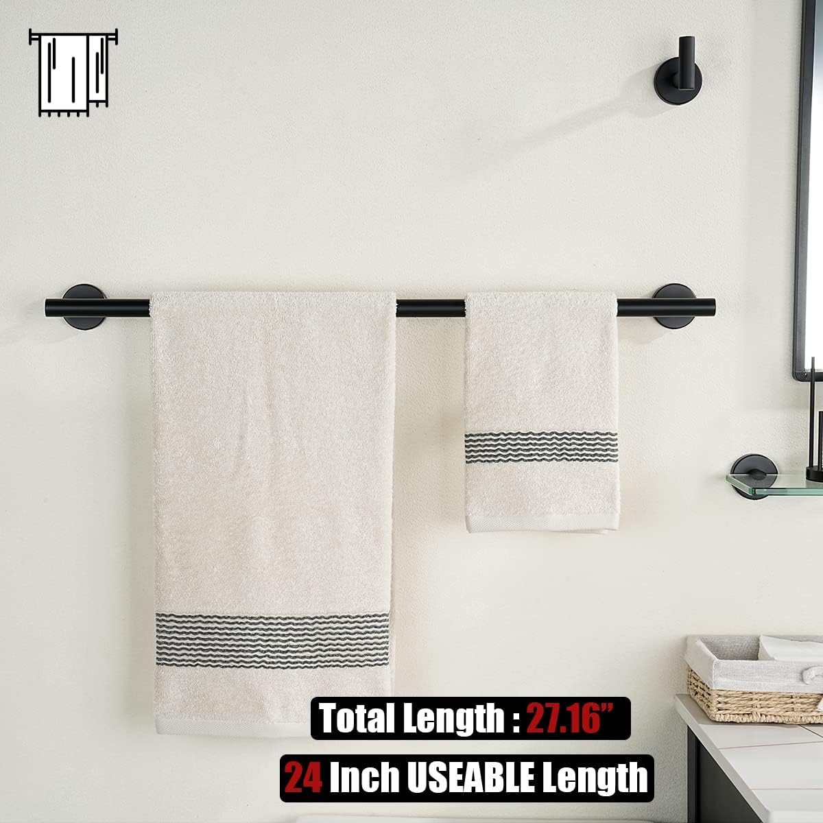 JQK Bathroom Hardware Set, 5-Piece Bath Accessories Set Matte Black Wall Mount Includes 24 in Towel Bar, 7 in Towel Ring, Toilet Paper Holder, 2 Towel Hooks, BAS165-PB