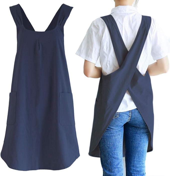 Japanese Style Linen Cotton Cross Back Pinafore Apron with Pockets for Women Ladies Men Chef Kitchen Cooking Baking