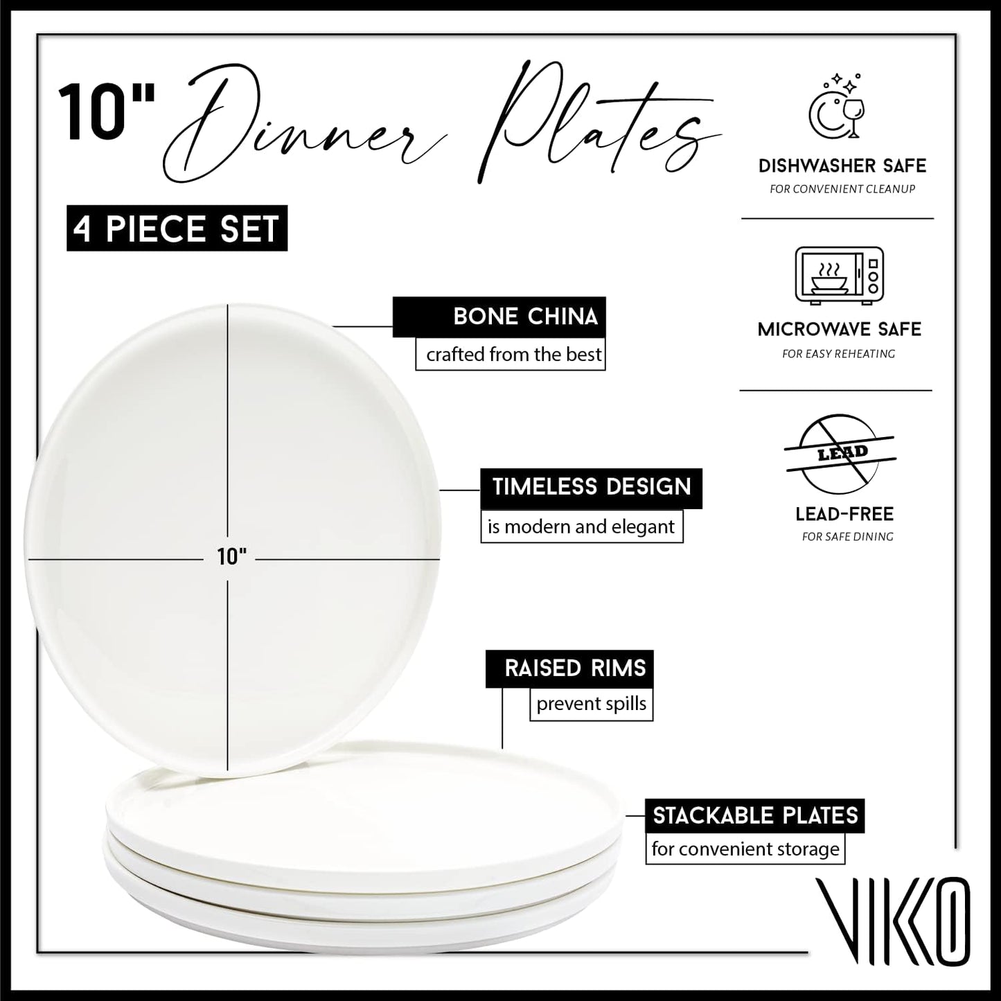 Vikko Salad Plate, Set of 4 White Plates, Bone China, Stackable 10 Inch Dinner Plates, Dishwasher Safe