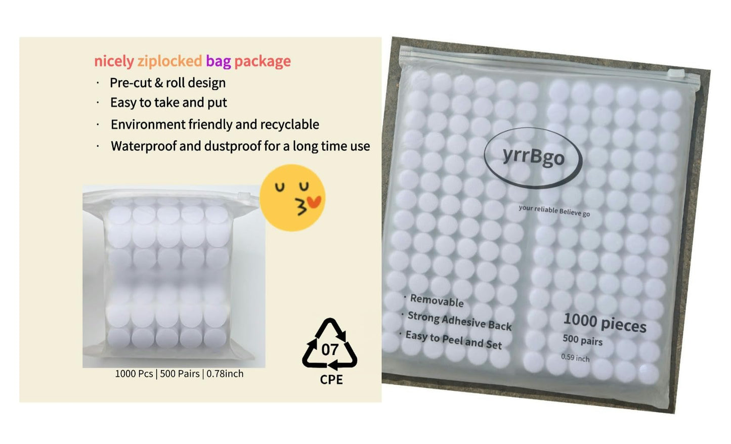 1000 Pcs(500 Pairs) 0.59inch Diameter Strong Sticky Round Nylon Dots, Hook and Loop Circle Dots with Adhesive, for Arts and Crafts Classroom Decor, Office, Home Organization