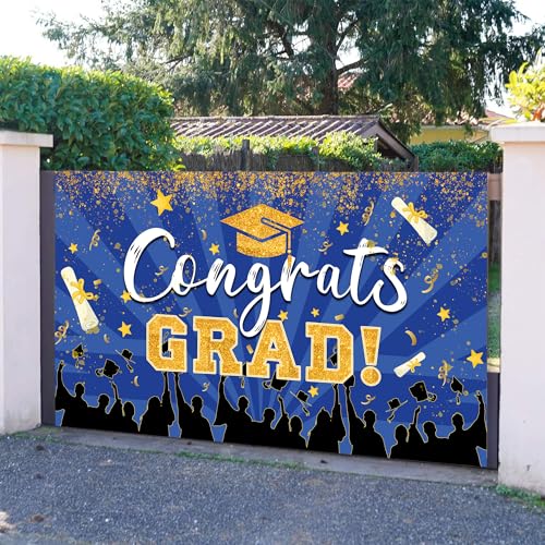 2026 Congrats Grad Graduation Backdrops 10x8 FT Blue and Gold Picture Background Class of 2026 Graduation Prom Party Banne...