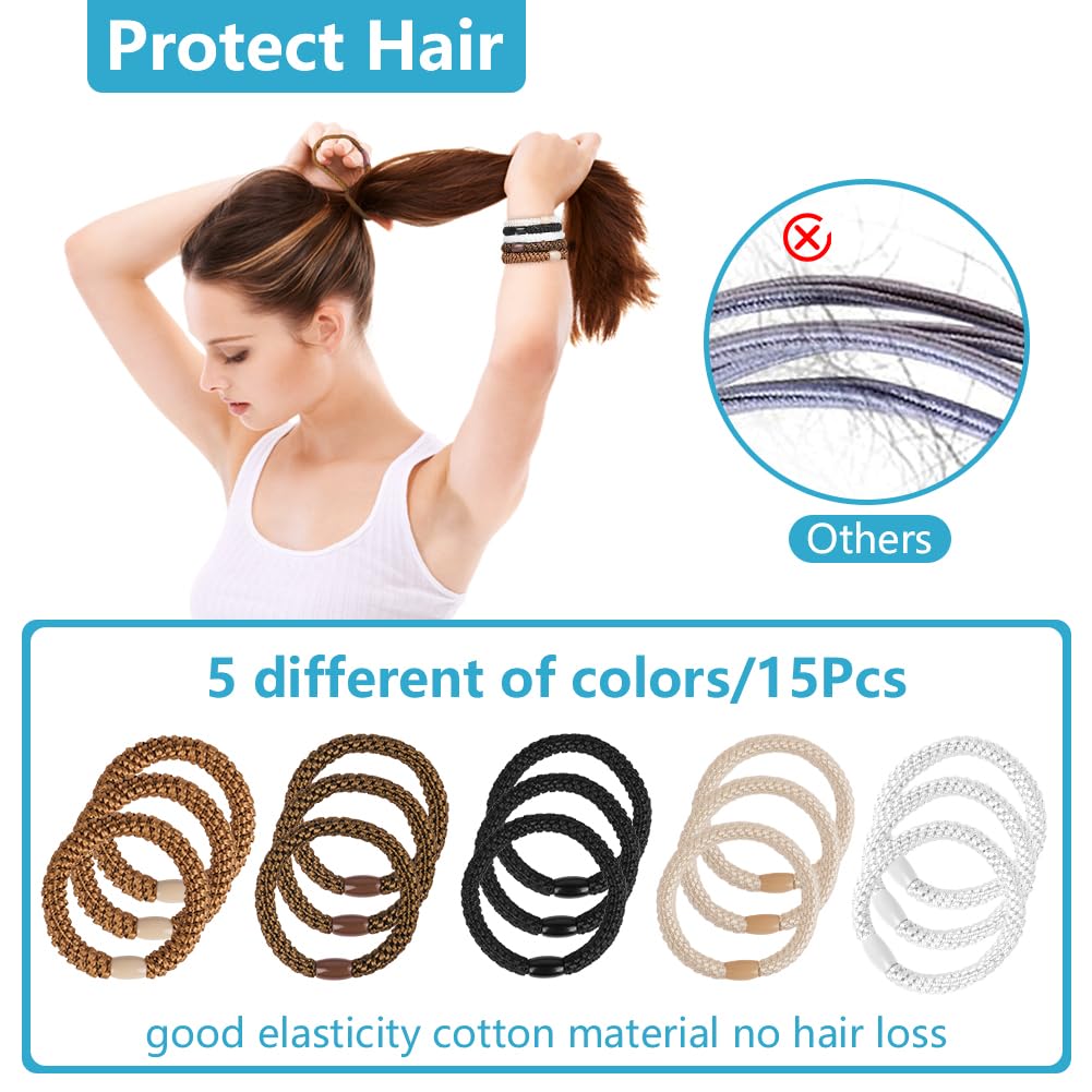 AUAUY 15PCS Elastic Mixed Color Hair Ties for Women Girls, Cotton Bands Soft Woven Ponytail Holders for Thick Hair and Curly Hai
