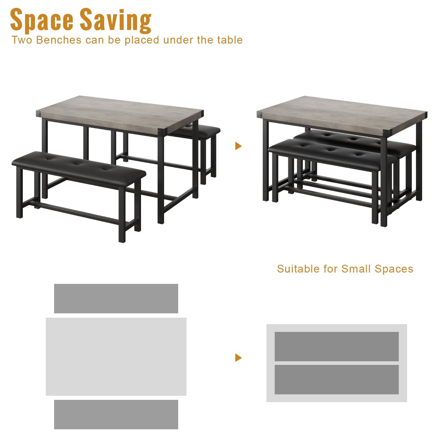 3 PSC Dining Table Set with 2 Upholstered Benches and 1 Table for 4, 44" Small Space Breakfast Nook Set, Kitchen Table with Tufted Upholstered Seats, Rustic Wood & Metal Frame, Easy Assembly