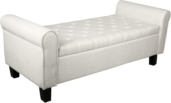 Babion Storage Bench for Bedroom End of Bed, Button Linen Fabric Storage Ottoman Bench 51 Inch, End of Bed Storage Bench with Upholstered, Rolled Arm Window Bench Seat with Solid Wood Legs, Beige