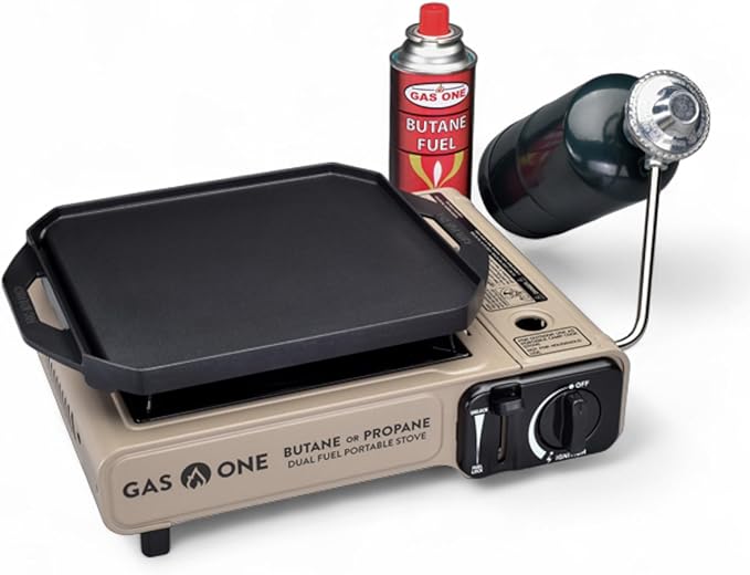 GasOne GS-3400P-KIT Propane or Butane Gas Stove with Flat Top Griddle Included – Dual Fuel Propane Grill Tent Stove Burner...