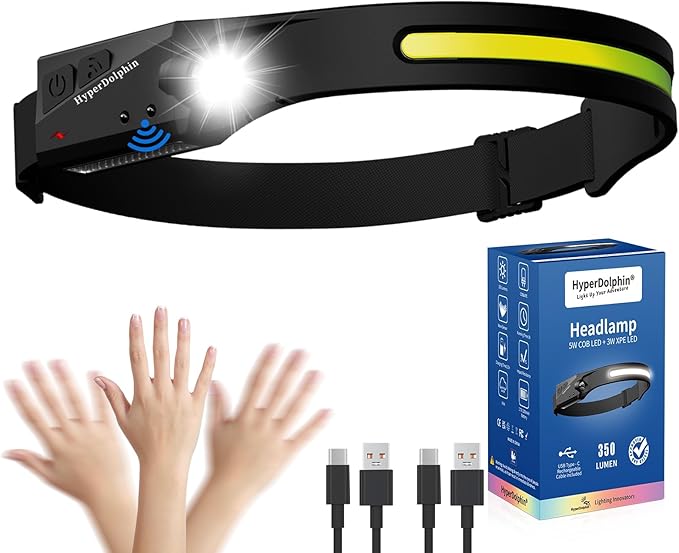 HyperDolphin Headlamp Rechargeable, LED Waterproof Headlight for Adults, 230° Headband Light Forehead, USB Head lamp Band,...