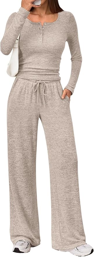 Trendy Queen Women's 2 Piece Matching Lounge Sets Fall Fashion Outfits Henley Neck Sweater Top Wide Leg Pants Sweat Suits