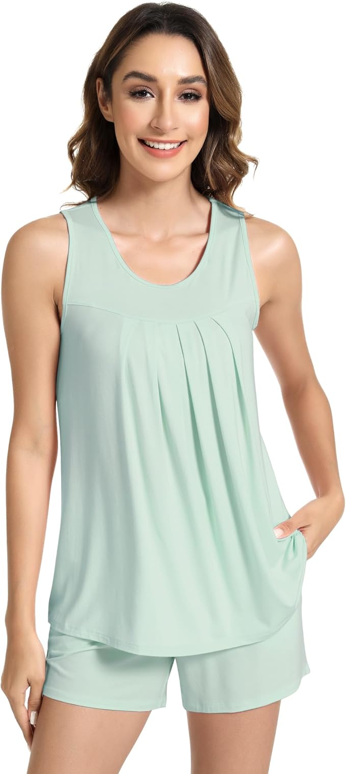 NACHILA Pajamas for Women-Viscose from Bamboo, Ribbed Racerback Tank Top Sexy Split Shorts Pajama Sets Cooling Sleep Cami Pjs
