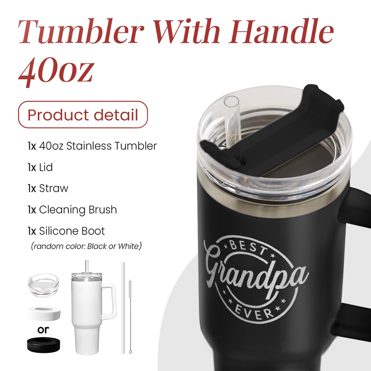 SANDJEST Best Grandpa Ever Tumbler with Handle 40oz, Grandfather Gifts for Birthday Christmas Fathers Day Valentines, Presents for Grandpas Granddad Papa Gifts from Granddaughter Grandson