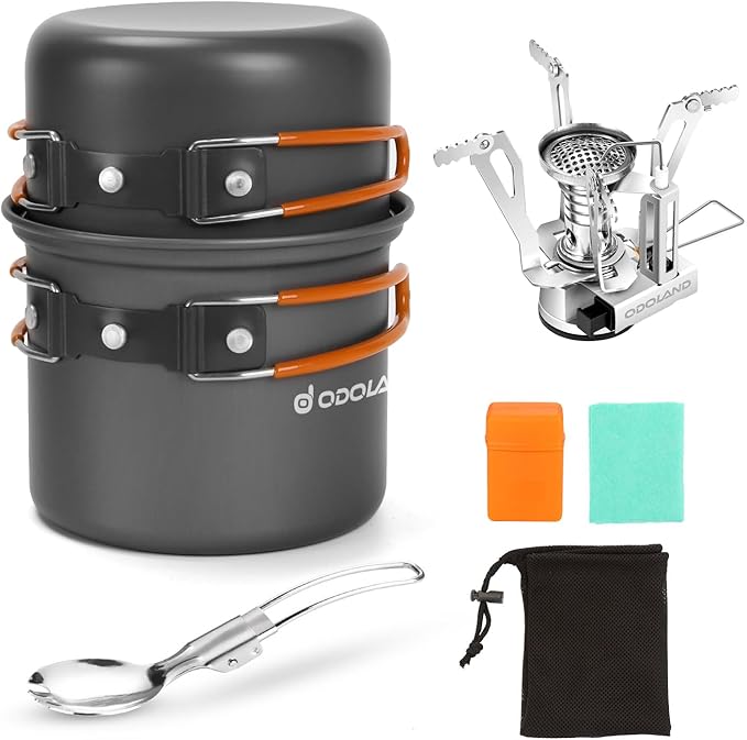Odoland 6pcs Camping Cookware Mess Kit with Lightweight Pot, Stove, Spork and Carry Mesh Bag, Great for Backpacking Outdoo...