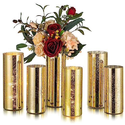 Glasseam Gold Cylinder Vases for Centerpieces: 6 Modern Mercury Hurricane Glass Vase Set for Flowers - Decorative Golden P...