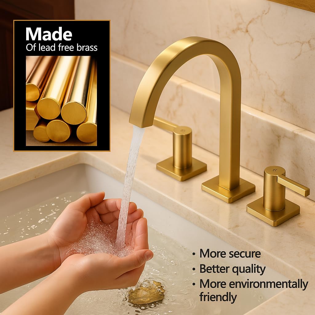 INDARE Brushed Gold Bathroom Faucets, 8 Inch Brass Widespread Bathroom Sink Faucet 3 Holes, Two Handles Sink Faucet with Metal Pop-Up Drain & CUPC Supply Lines, for Gold Vanity RV